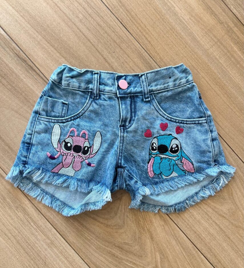 Short Infantil Feminino Jeans Lilo & Stitch Apaixonado Fernanda Ramos Kids