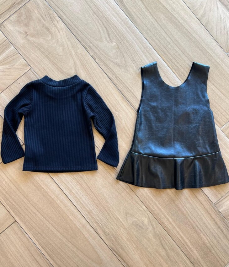 Vestido Infantil Feminino Couro Eco e Blusa Manga Longa Preto Fernanda Ramos Kids