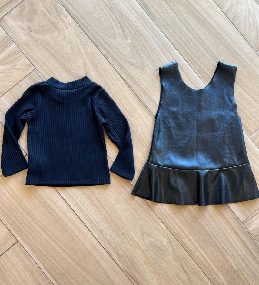 Vestido Infantil Feminino Couro Eco e Blusa Manga Longa Preto Fernanda Ramos Kids