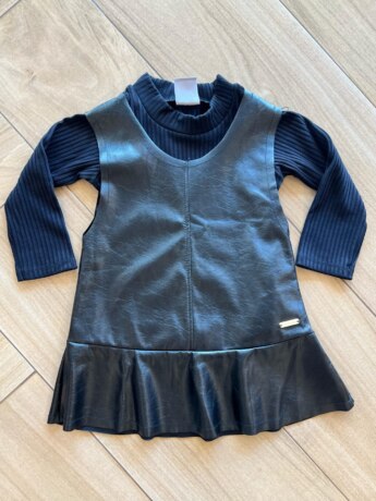 Vestido Infantil Feminino Couro Eco e Blusa Manga Longa Preto Fernanda Ramos Kids