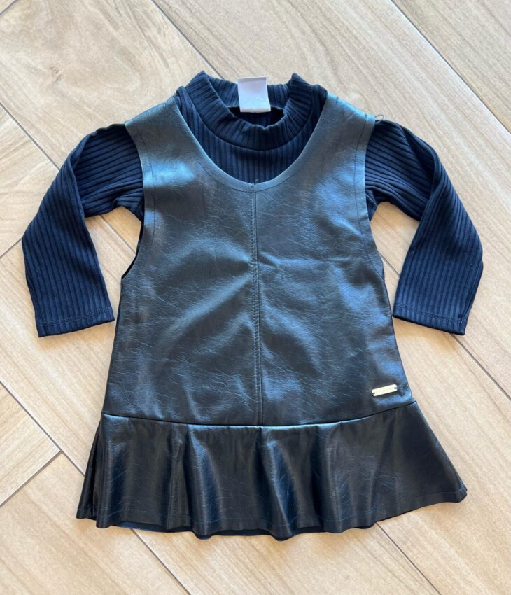 Vestido Infantil Feminino Couro Eco e Blusa Manga Longa Preto Fernanda Ramos Kids