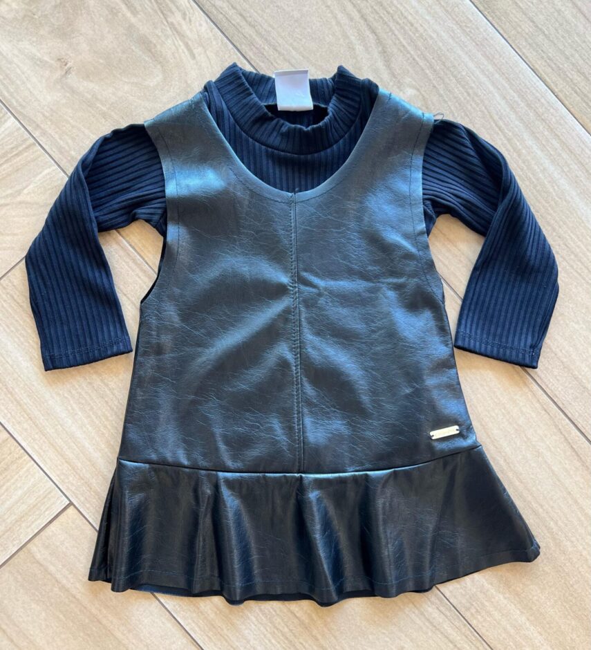 Vestido Infantil Feminino Couro Eco e Blusa Manga Longa Preto Fernanda Ramos Kids