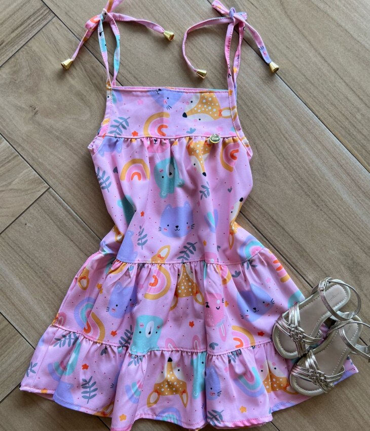 Vestido Infantil Feminino Curto Amarração na Alça Estampa Bichinhos Fernanda Ramos Kids