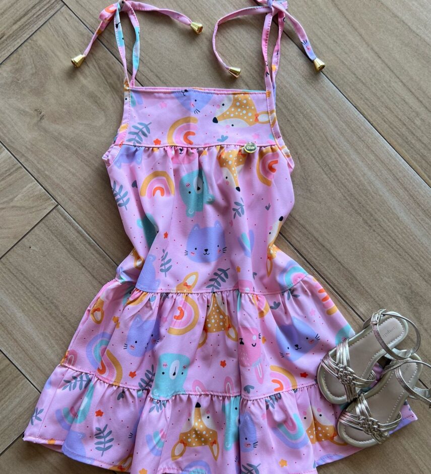 Vestido Infantil Feminino Curto Amarração na Alça Estampa Bichinhos Fernanda Ramos Kids