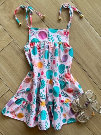 Vestido Infantil Feminino Curto Amarração na Alça Estampado Rosa Fernanda Ramos Kids