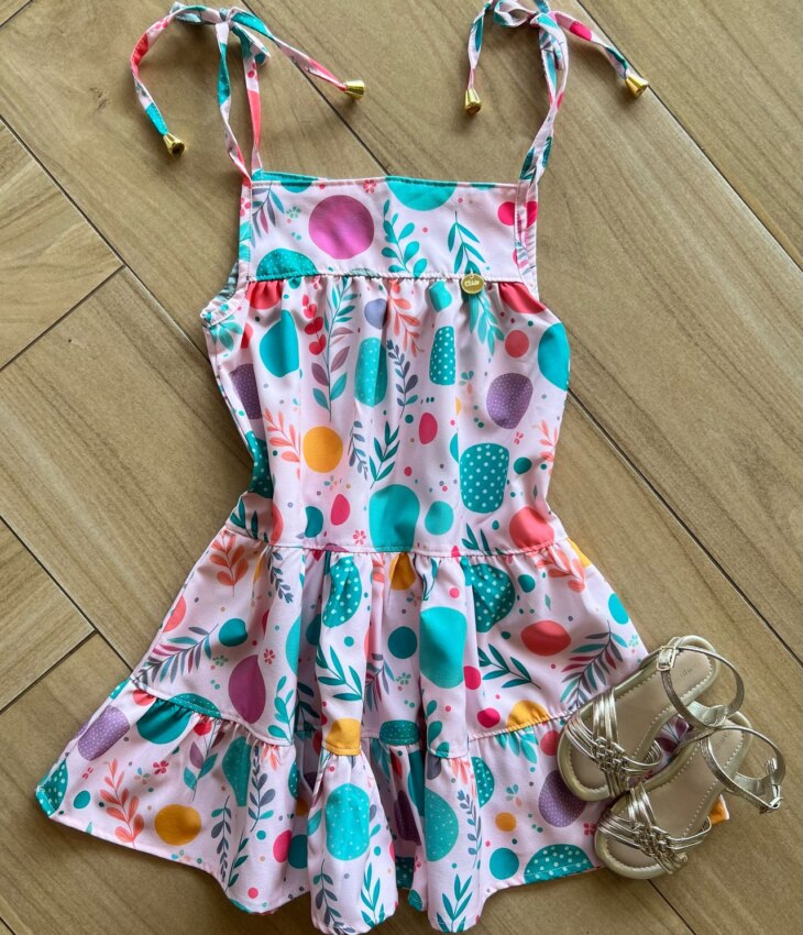 Vestido Infantil Feminino Curto Amarração na Alça Estampado Rosa Fernanda Ramos Kids