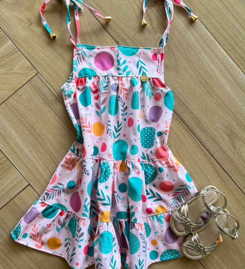 Vestido Infantil Feminino Curto Amarração na Alça Estampado Rosa Fernanda Ramos Kids