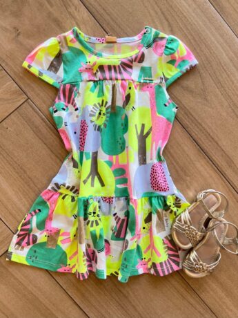 Vestido Infantil Feminino Curto Rodado Manga Curta Estampa Abstrata Fernanda Ramos Kids