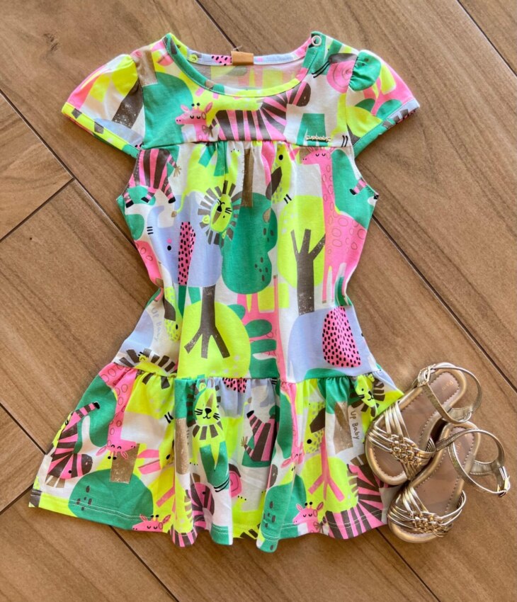 Vestido Infantil Feminino Curto Rodado Manga Curta Estampa Abstrata Fernanda Ramos Kids