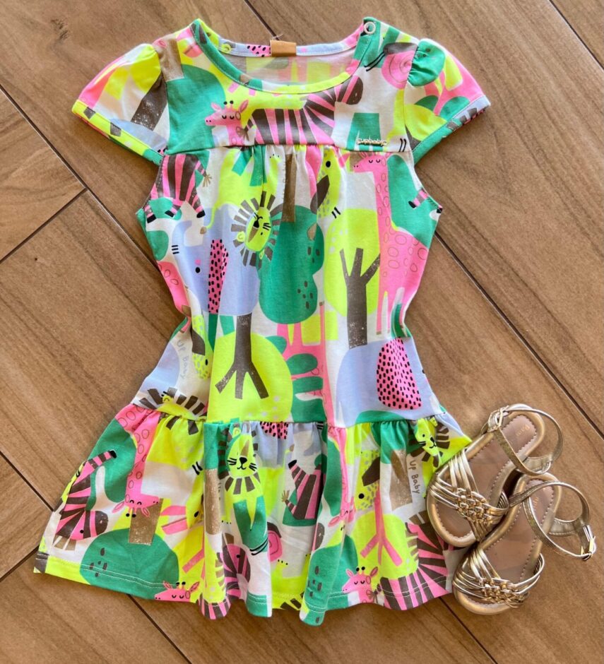 Vestido Infantil Feminino Curto Rodado Manga Curta Estampa Abstrata Fernanda Ramos Kids