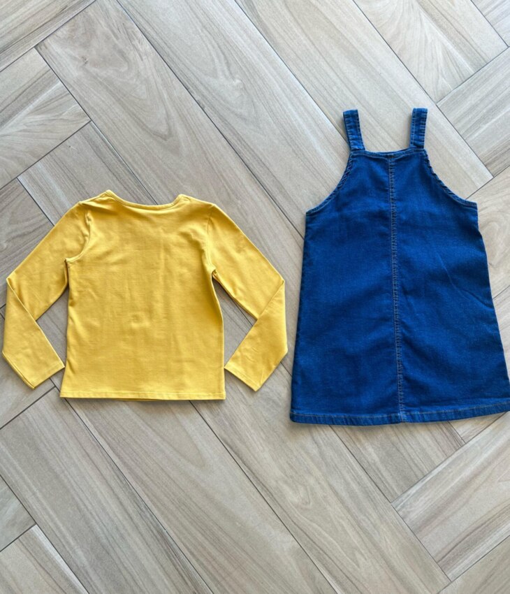 Vestido Infantil Feminino Jeans e Blusa Manga Longa Amarela Fernanda Ramos Kids