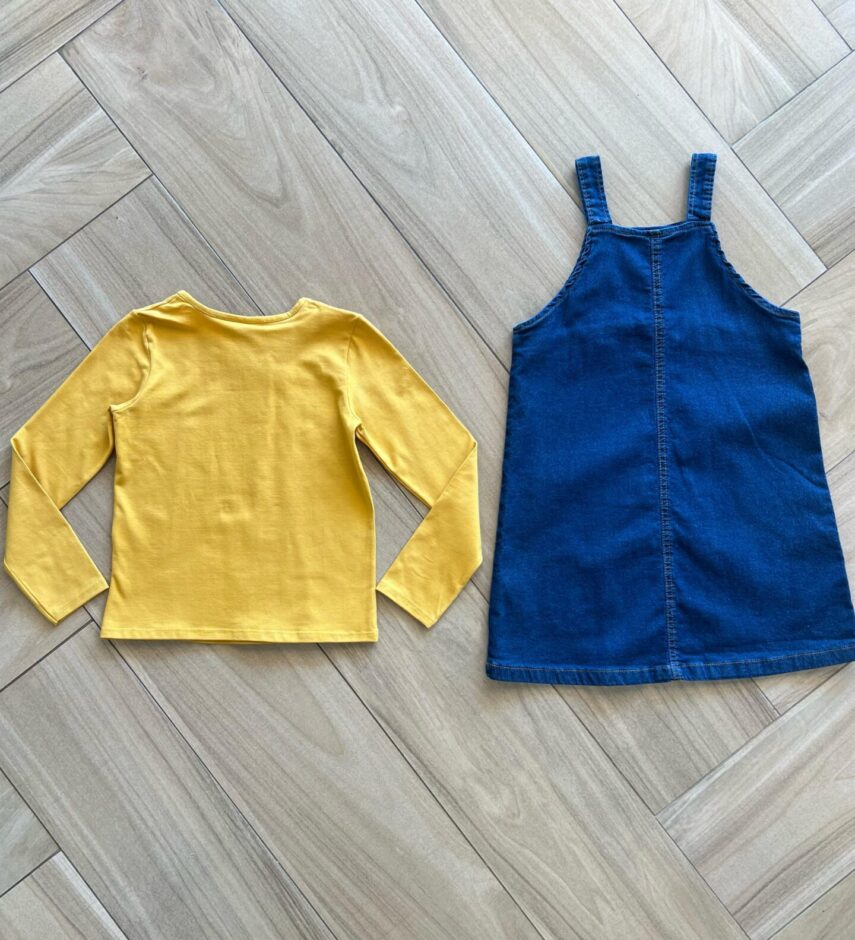 Vestido Infantil Feminino Jeans e Blusa Manga Longa Amarela Fernanda Ramos Kids