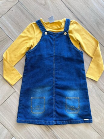 Vestido Infantil Feminino Jeans e Blusa Manga Longa Amarela Fernanda Ramos Kids
