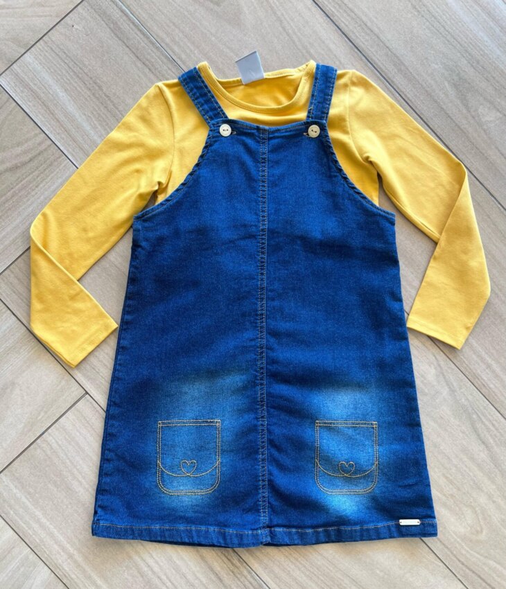 Vestido Infantil Feminino Jeans e Blusa Manga Longa Amarela Fernanda Ramos Kids