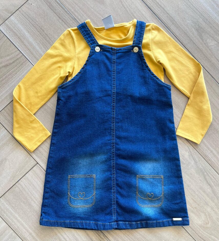 Vestido Infantil Feminino Jeans e Blusa Manga Longa Amarela Fernanda Ramos Kids