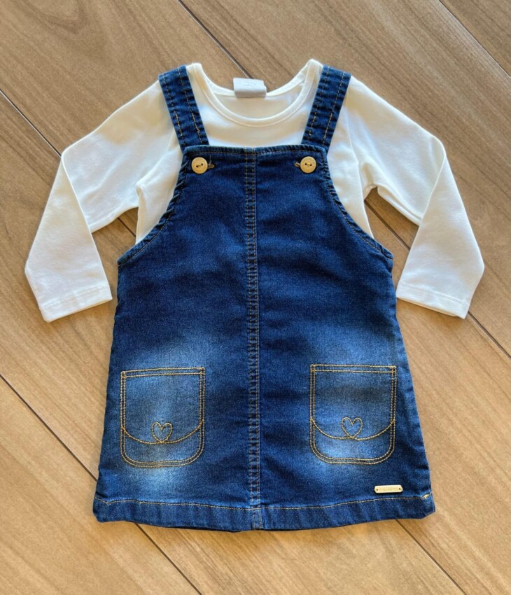 Vestido Infantil Feminino Jeans e Blusa Manga Longa Off White Fernanda Ramos Kids
