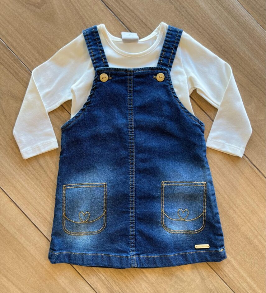 Vestido Infantil Feminino Jeans e Blusa Manga Longa Off White Fernanda Ramos Kids