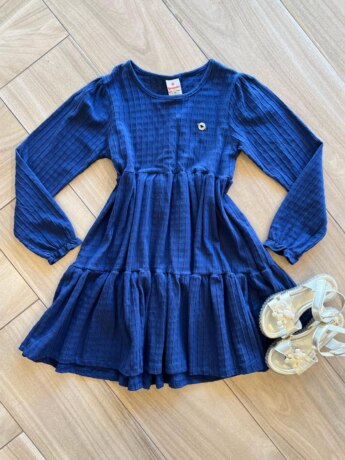 Vestido Infantil Feminino Manga Longa Cotton Quadriculado Azul Fernanda Ramos Kids