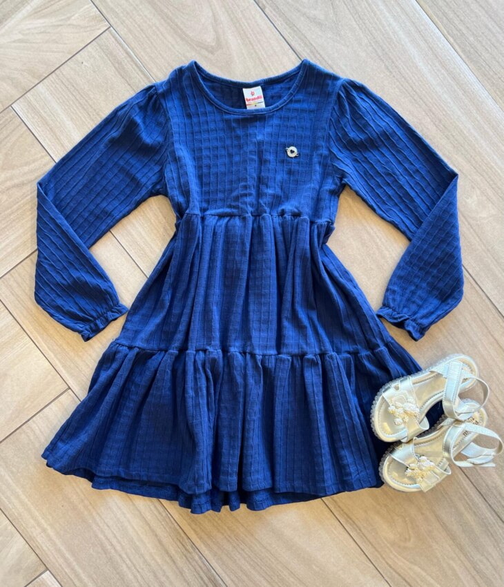 Vestido Infantil Feminino Manga Longa Cotton Quadriculado Azul Fernanda Ramos Kids