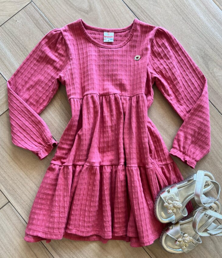 Vestido Infantil Feminino Manga Longa Cotton Quadriculado Rose Fernanda Ramos Kids