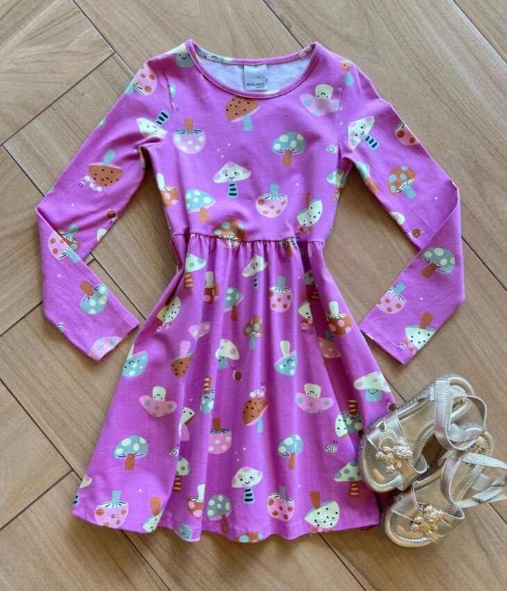 Vestido Infantil Feminino Manga Longa Rodado de Cogumelos Lilás Fernanda Ramos Kids