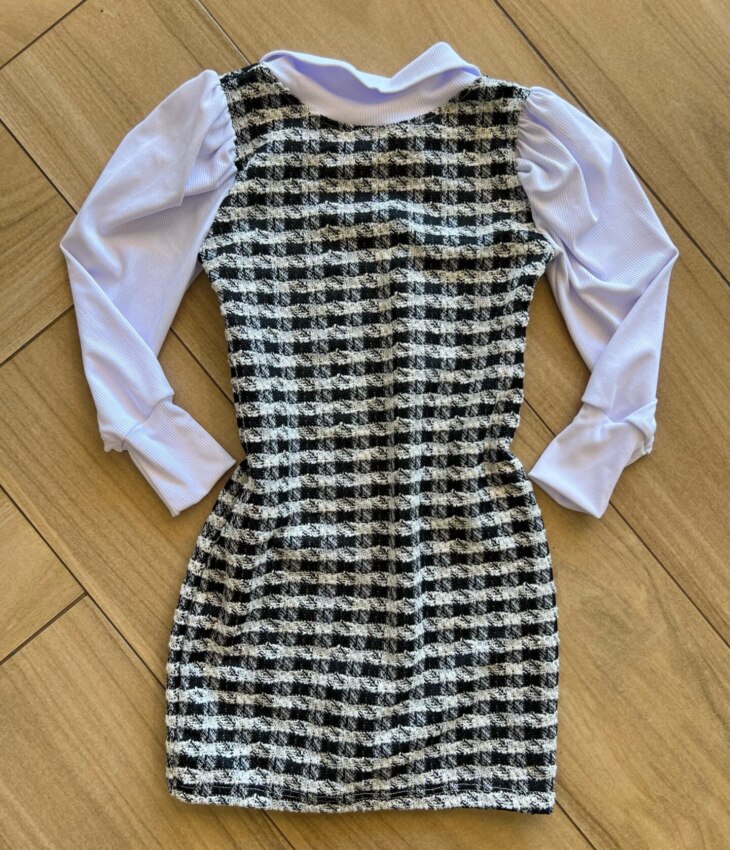 Vestido Infantil Feminino Manga Longa Tweed Xadrez Fernanda Ramos Kids