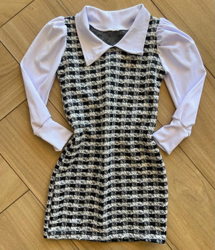 Vestido Infantil Feminino Manga Longa Tweed Xadrez Fernanda Ramos Kids