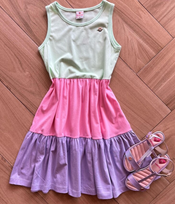Vestido Infantil Feminino Meia Malha em Camadas Coloridas Fernanda Ramos Kids
