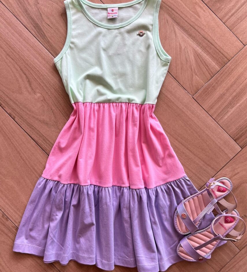 Vestido Infantil Feminino Meia Malha em Camadas Coloridas Fernanda Ramos Kids