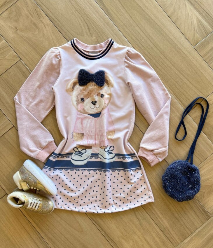 Vestido Infantil Feminino Moletinho Lurex Estampado com Bolsinha Fernanda Ramos Kids