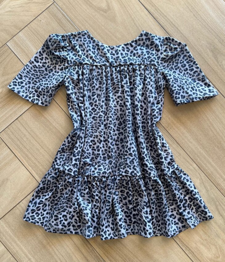 Vestido Infantil Feminino Rodado Manga Curta Animal Print Cinza Fernanda Ramos Kids