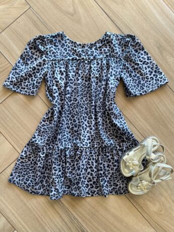 Vestido Infantil Feminino Rodado Manga Curta Animal Print Cinza Fernanda Ramos Kids