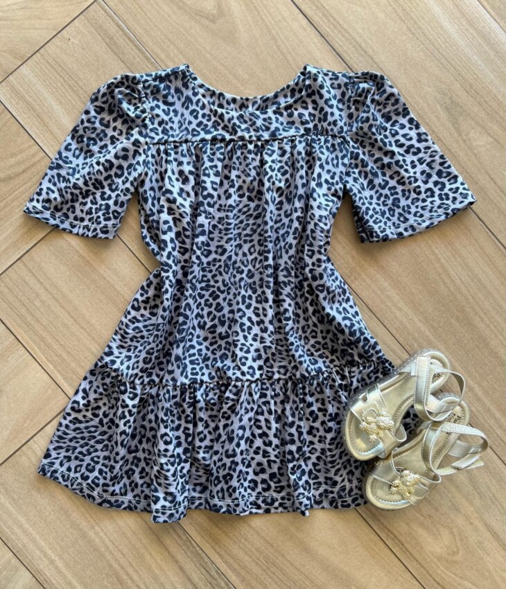 Vestido Infantil Feminino Rodado Manga Curta Animal Print Cinza Fernanda Ramos Kids