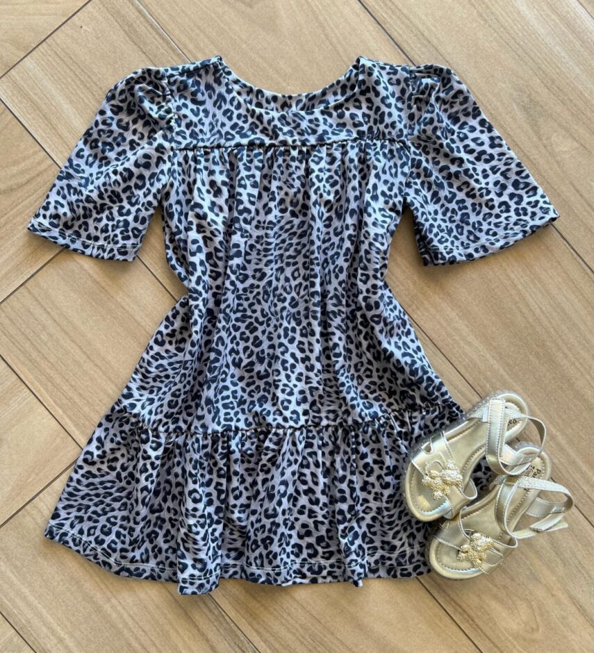 Vestido Infantil Feminino Rodado Manga Curta Animal Print Cinza Fernanda Ramos Kids