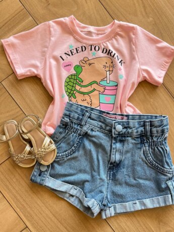 Blusa Cropped Infantil Feminino Manga Curta I Need To Drink Rosa Fernanda Ramos Kids