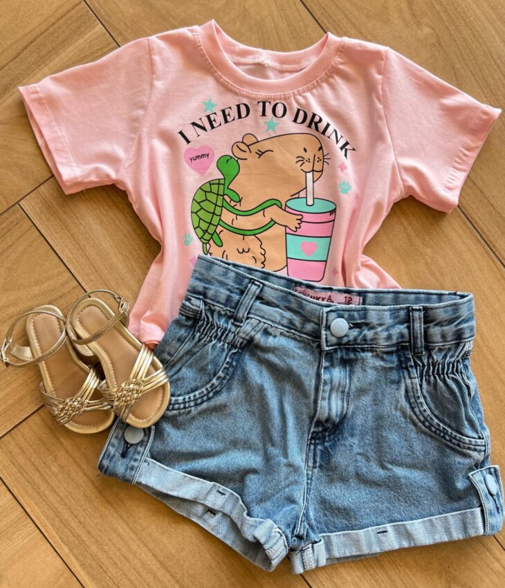 Blusa Cropped Infantil Feminino Manga Curta I Need To Drink Rosa Fernanda Ramos Kids