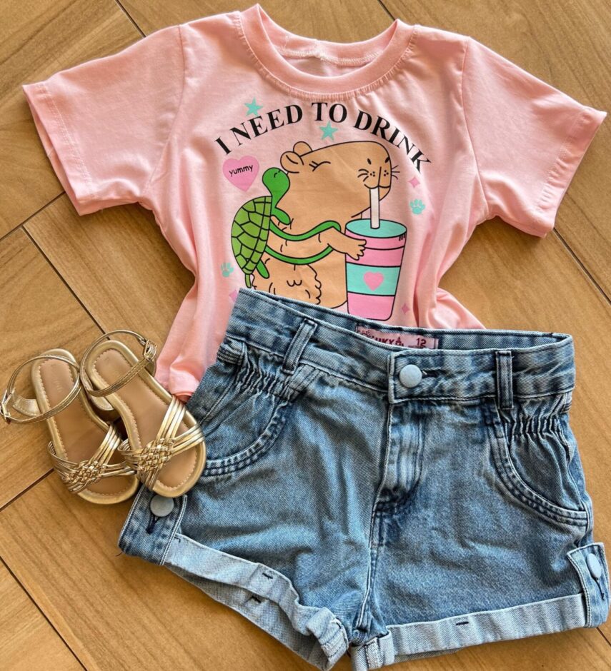 Blusa Cropped Infantil Feminino Manga Curta I Need To Drink Rosa Fernanda Ramos Kids