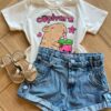 Blusa Cropped Infantil Feminino Manga Curta Capivara Off White Fernanda Ramos Kids