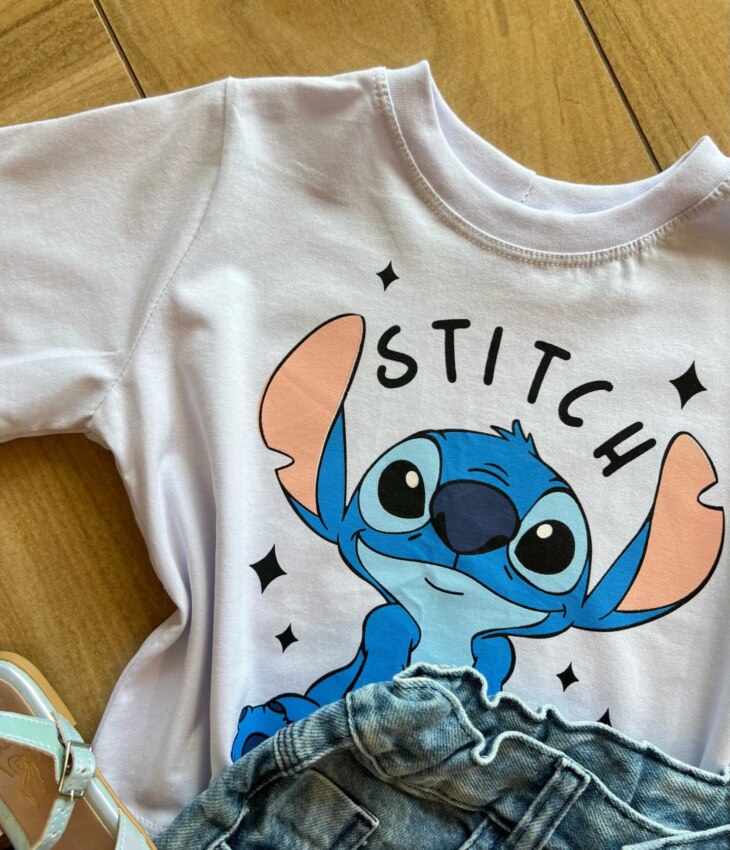 fernandaramoskids com br Blusa Cropped Infantil Feminino Manga Curta Stich Branca1