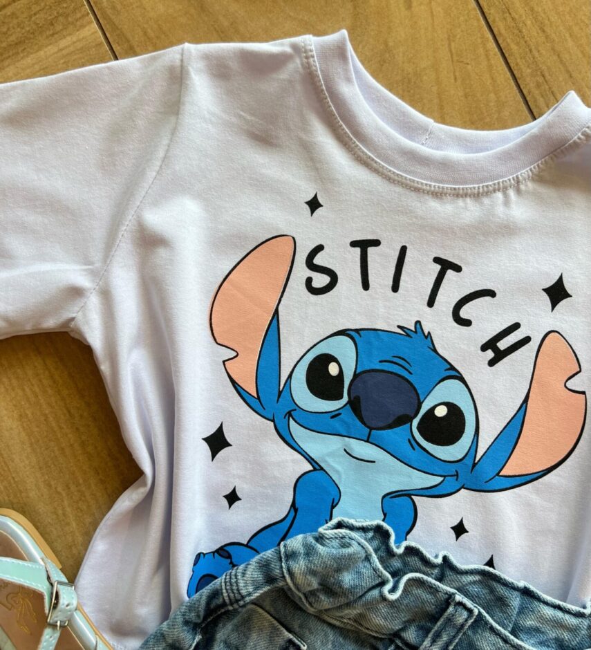 fernandaramoskids com br Blusa Cropped Infantil Feminino Manga Curta Stich Branca1