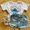 Blusa Cropped Infantil Feminino Manga Curta Stich Branca Fernanda Ramos Kids
