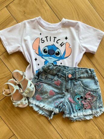 Blusa Cropped Infantil Feminino Manga Curta Stich Branca Fernanda Ramos Kids