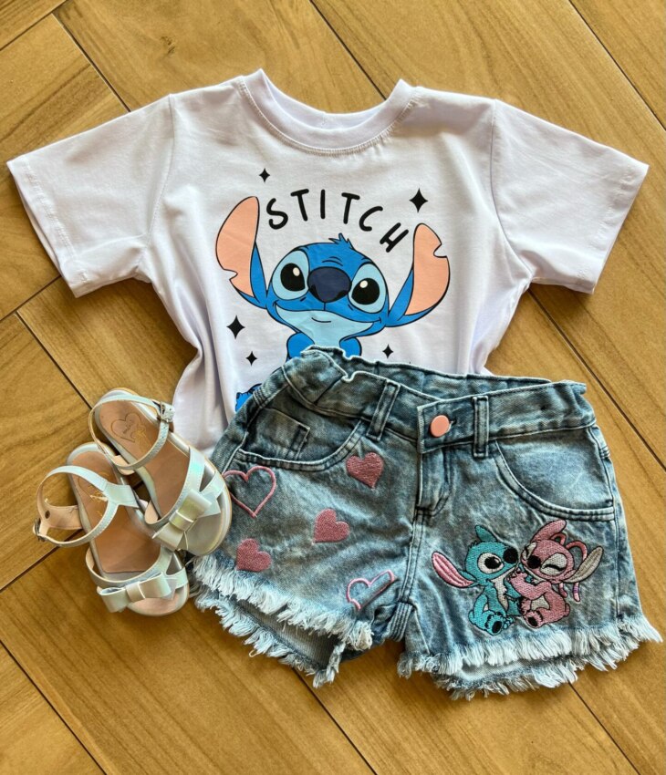 Blusa Cropped Infantil Feminino Manga Curta Stich Branca Fernanda Ramos Kids
