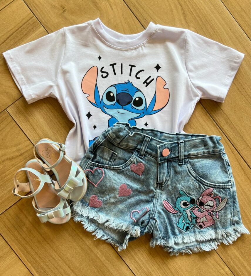Blusa Cropped Infantil Feminino Manga Curta Stich Branca Fernanda Ramos Kids