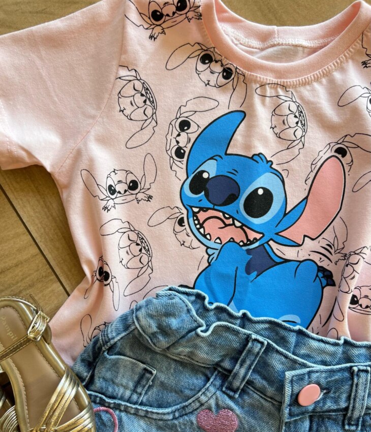 fernandaramoskids com br Blusa Cropped Infantil Feminino Manga Curta Vários Stich Rosa1