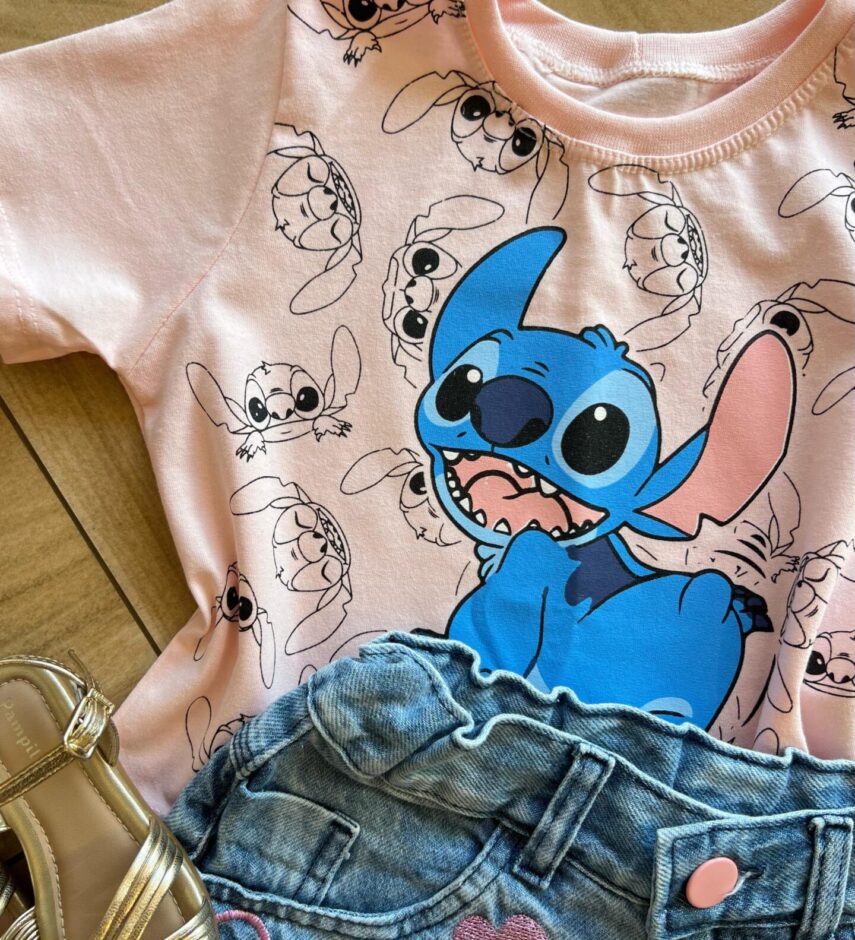 fernandaramoskids com br Blusa Cropped Infantil Feminino Manga Curta Vários Stich Rosa1