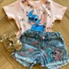 Blusa Cropped Infantil Feminino Manga Curta Vários Stich Rosa Fernanda Ramos Kids