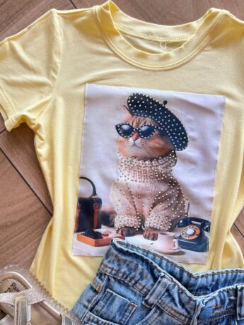 fernandaramoskids com br Blusa Infantil Feminina Manga Curta Malha Amarela de Gatinho1
