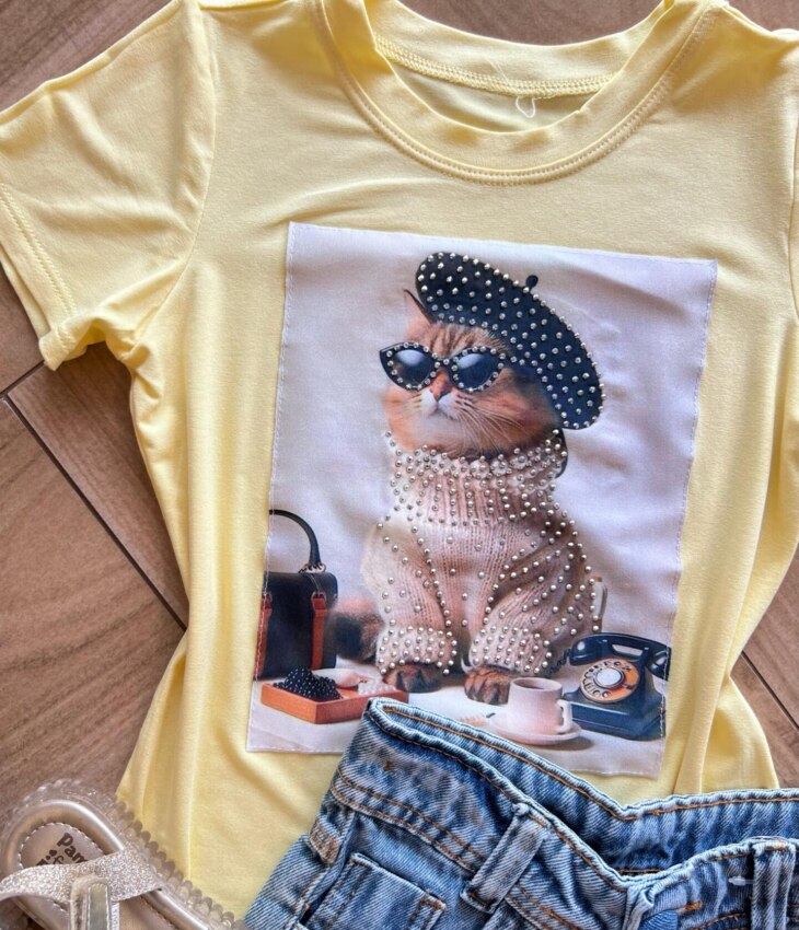 fernandaramoskids com br Blusa Infantil Feminina Manga Curta Malha Amarela de Gatinho1