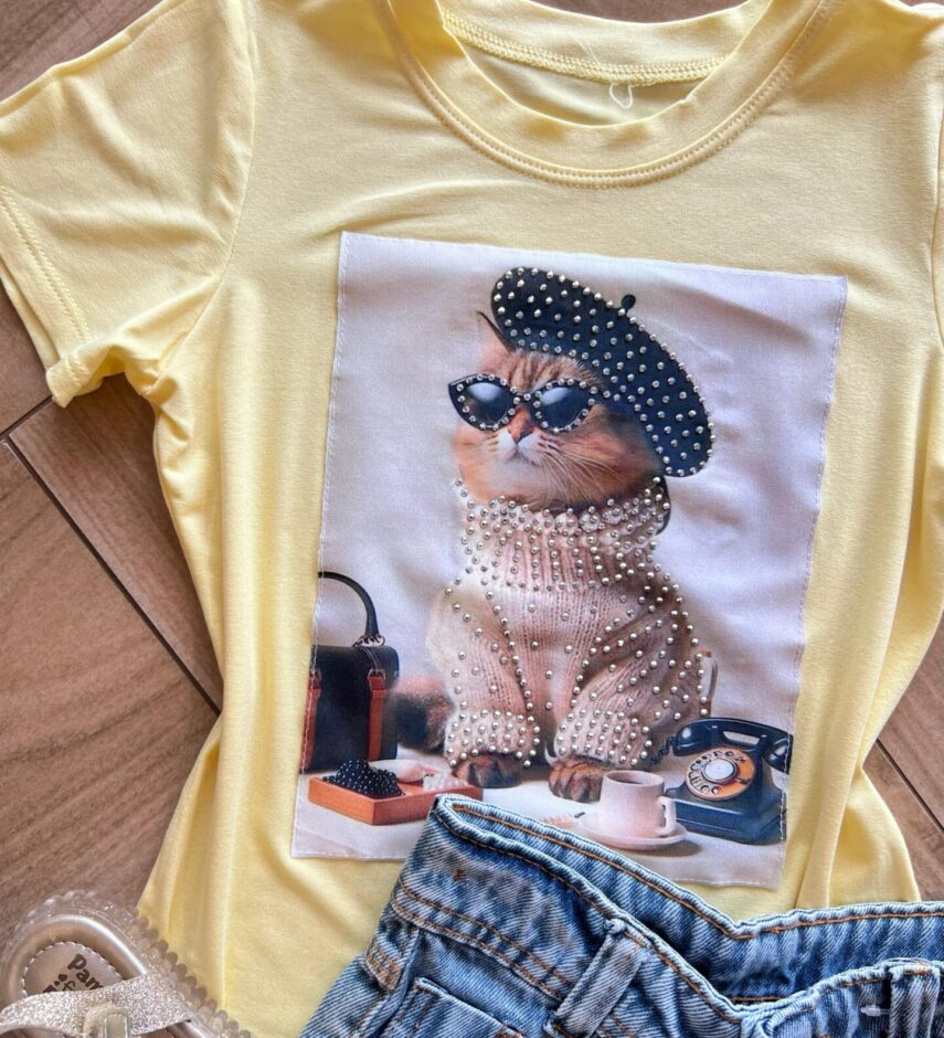 fernandaramoskids com br Blusa Infantil Feminina Manga Curta Malha Amarela de Gatinho1